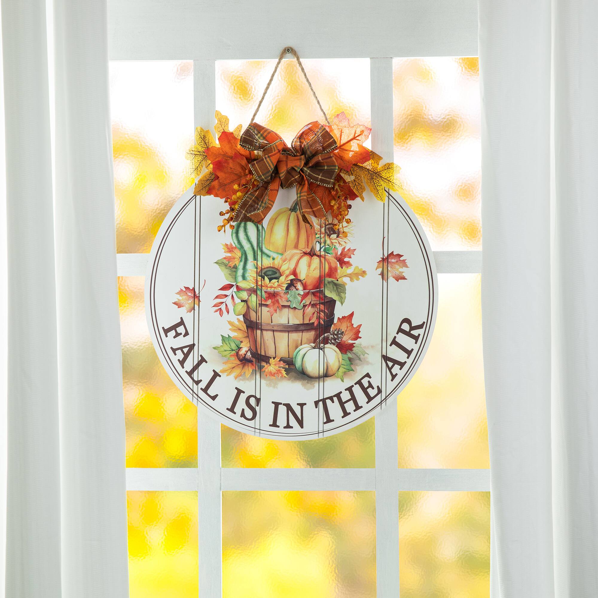 Glitzhome® 15" Fall Wood Round Word Sign Door Hanger